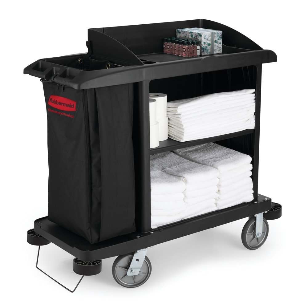 Rubbermaid FG619000 BLA Compact Housekeeping Cart w/ Vacuum Holder, 49"L x 22"W x 50"H, Black