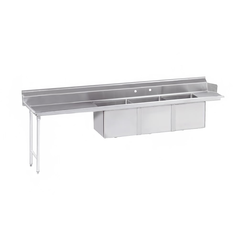 Advance Tabco DTC-3-1824-96LX 95" Straight Dish Table - Left to Right, 29" Left Drainboard, (3) 18" x 24" x 14" Bowls
