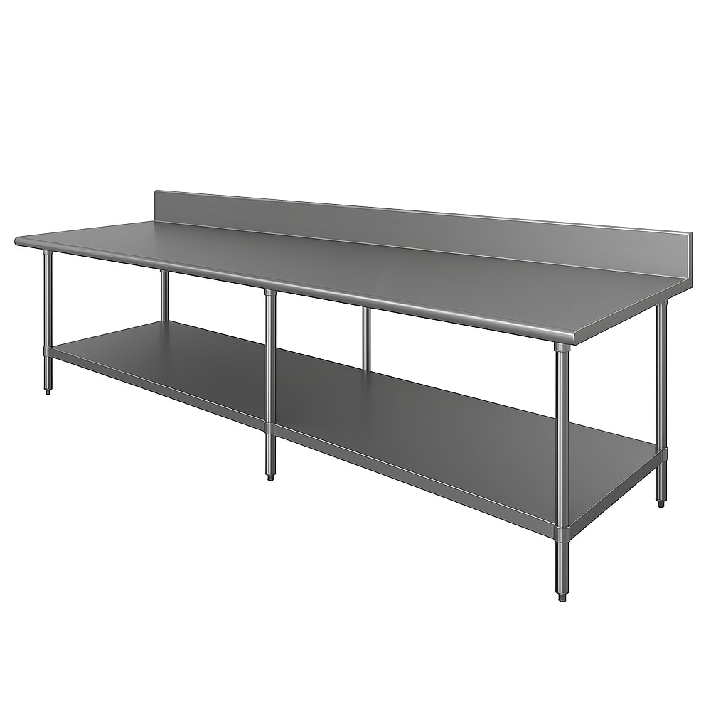 Advance Tabco KLG-308 96" 14 ga Work Table w/ Undershelf & 304 Series Stainless Top, 5" Backsplash