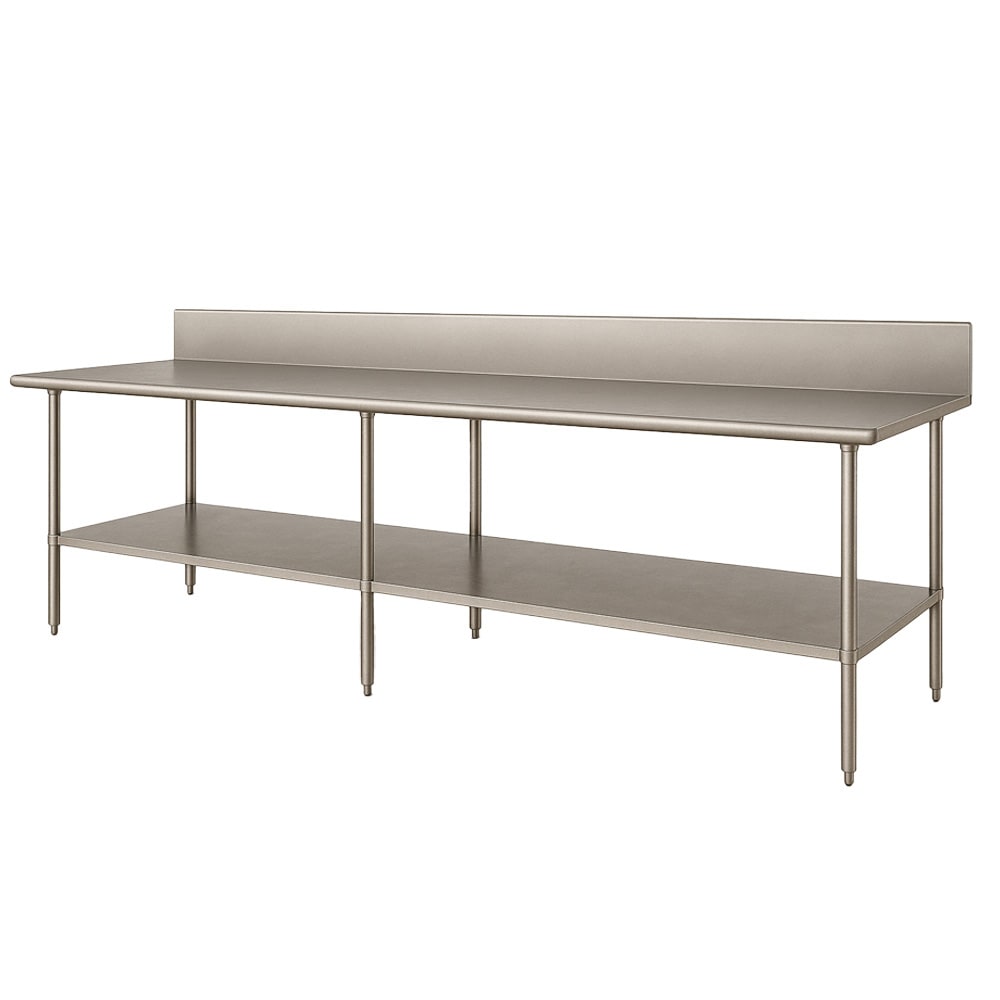 Advance Tabco VKS-3612 144" 14 ga Work Table w/ Undershelf & 304 Series Stainless Top, 10" Backsplash