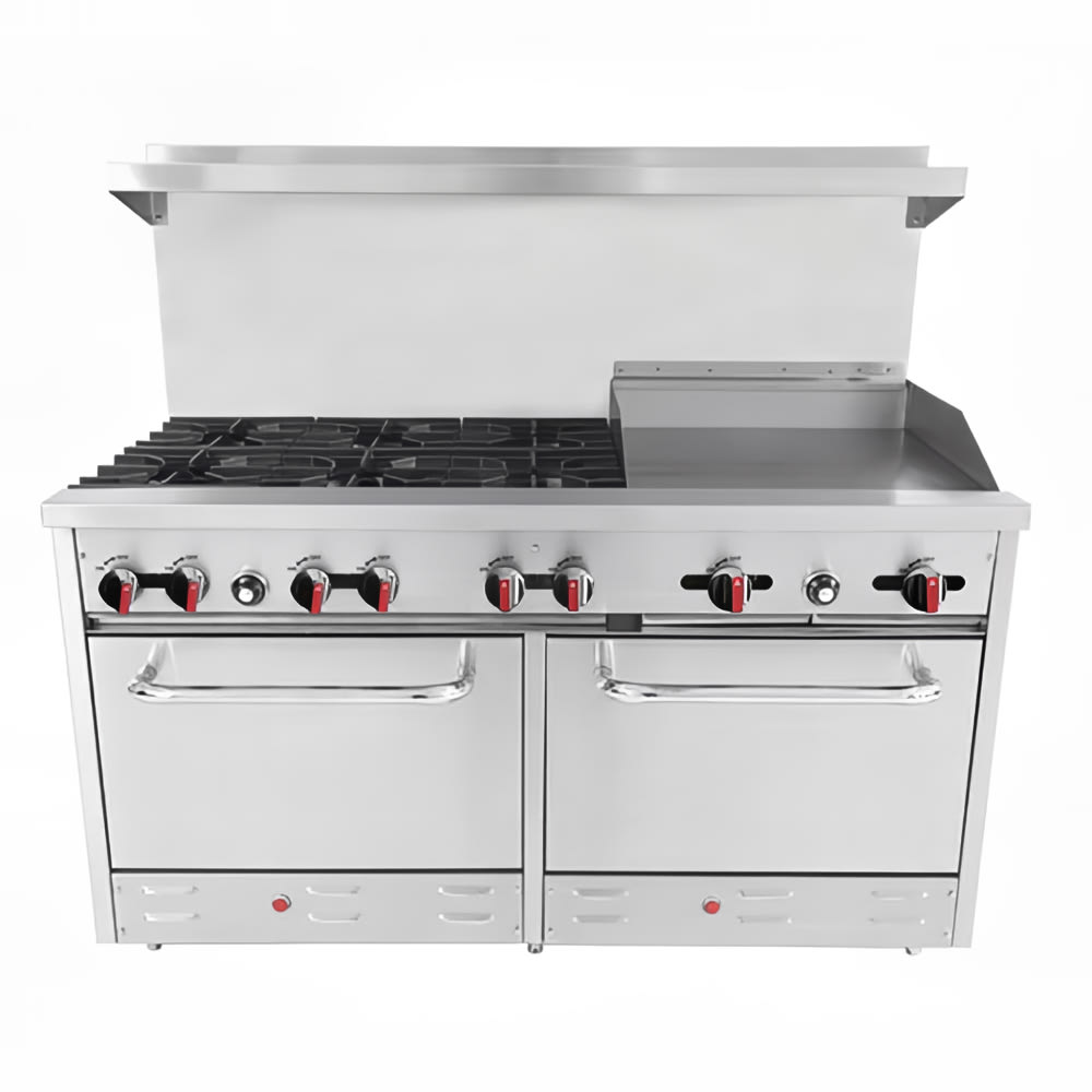 Bakemax BAS36-24-2 60" 6 Burner Gas Range w/ Griddle & (2) Standard Ovens, Convertible