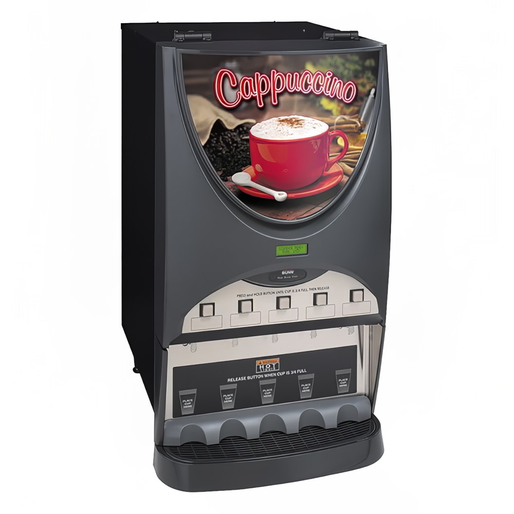 Bunn iMIX-5S iMIX® Dispenser, (5) 8 lb Hoppers & 4 1/2 gal in 1 hr, Cappuccino Display, Silver Finish (38100.0050)