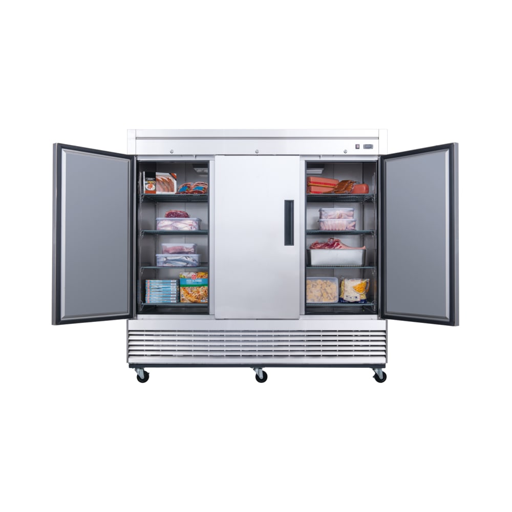 Dukers D83R 82 5/8" Three Section Reach In Refrigerator, (3) Left/Right Hinge Solid Doors, 115v
