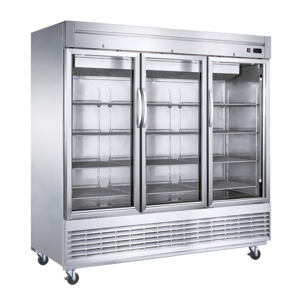 Dukers D83R-GS3 82 5/8" Three Section Reach In Refrigerator, (3) Left/Right Hinge Glass Doors, 115v