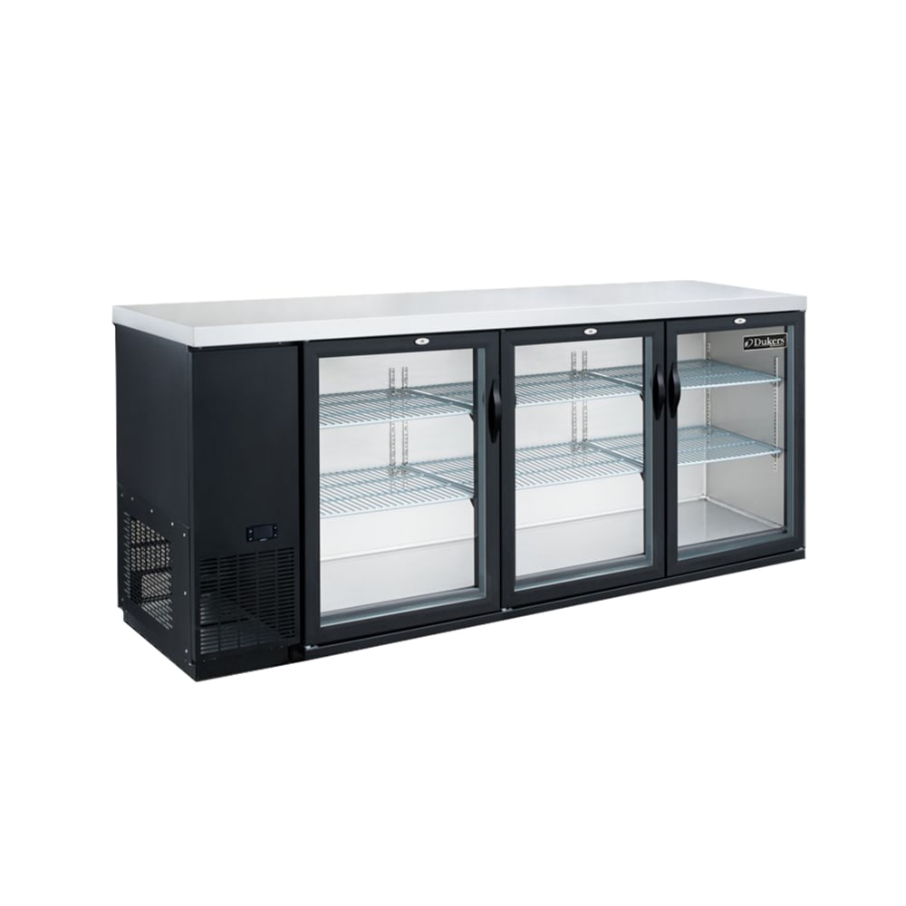 Dukers DBB72-H3 70 3/8" Bar Refrigerator - 3 Swinging Glass Doors, Black, 115v