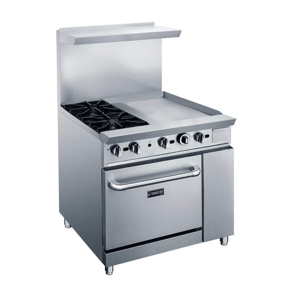 Dukers DCR36-2B24GM 36" 2 Burner Gas Range w/ Griddle - Standard Oven, Convertible