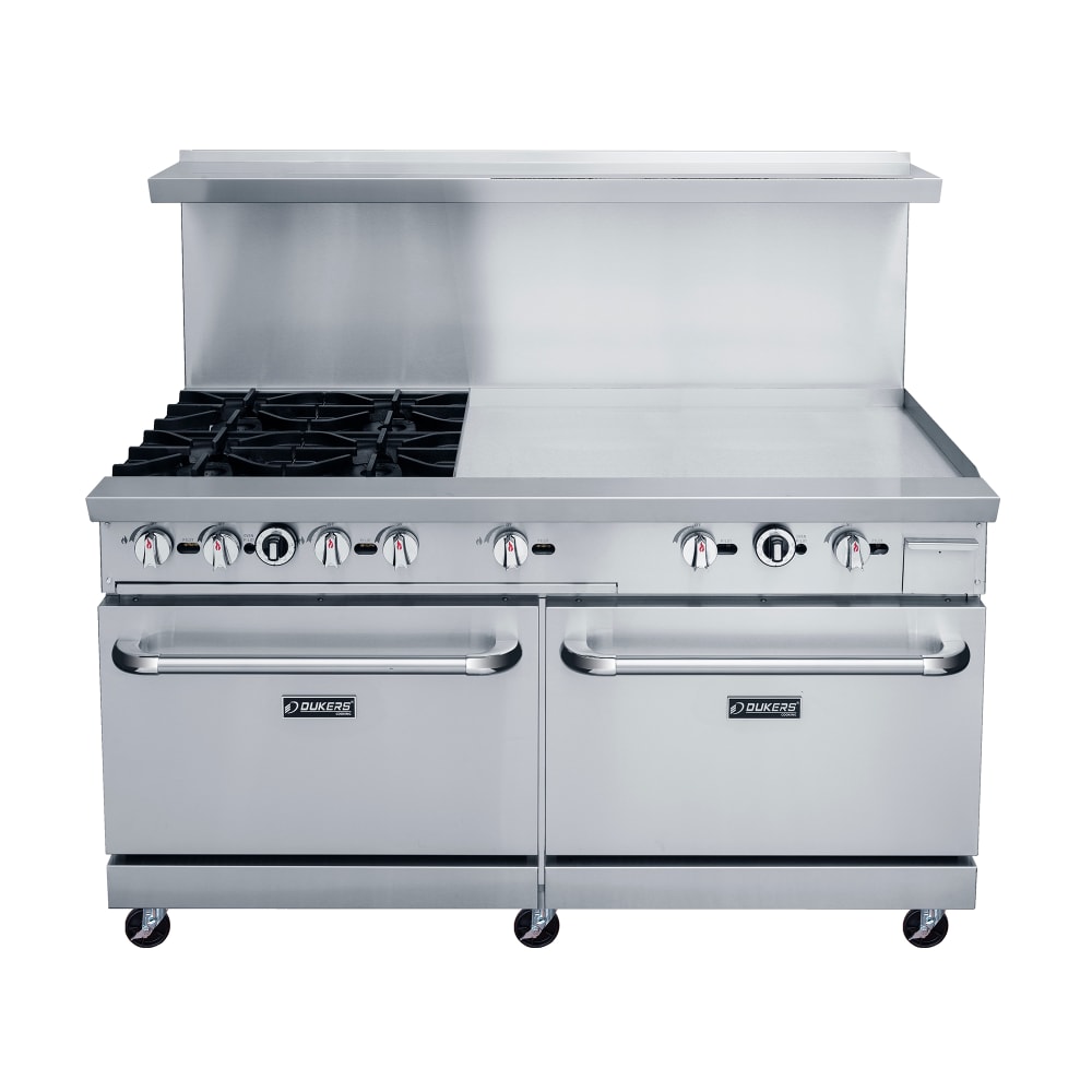 Dukers DCR60-4B36GM 60" 4 Burner Gas Range w/ Griddle - (2) Standard Ovens, Convertible