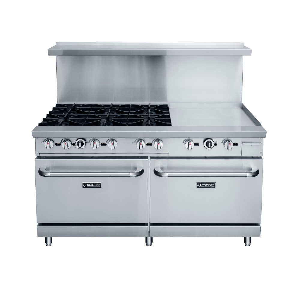 Dukers DCR60-6B24GM 60" 6 Burner Gas Range w/ Griddle - (2) Standard Ovens, Convertible