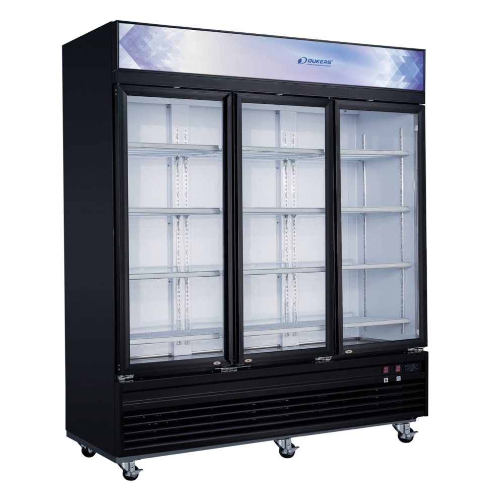 Dukers DSM-69F 78" Three Section Display Freezer w/ Swing Doors - Bottom Mount Compressor, Black, 115v