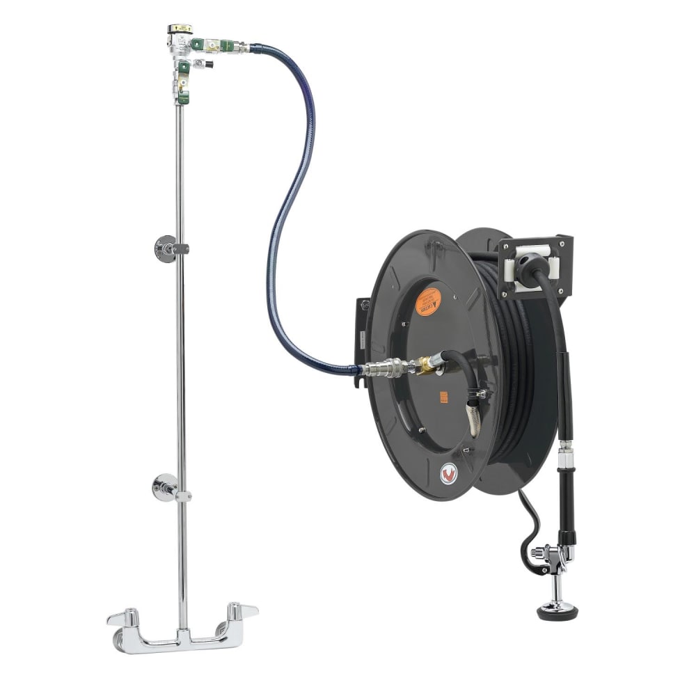 T&S 5HR-242-01XE1 Double Temperature Open Hose Reel Assembly w/ 50 ft Hose & Mixing Faucet, 1/2" Female Inlets