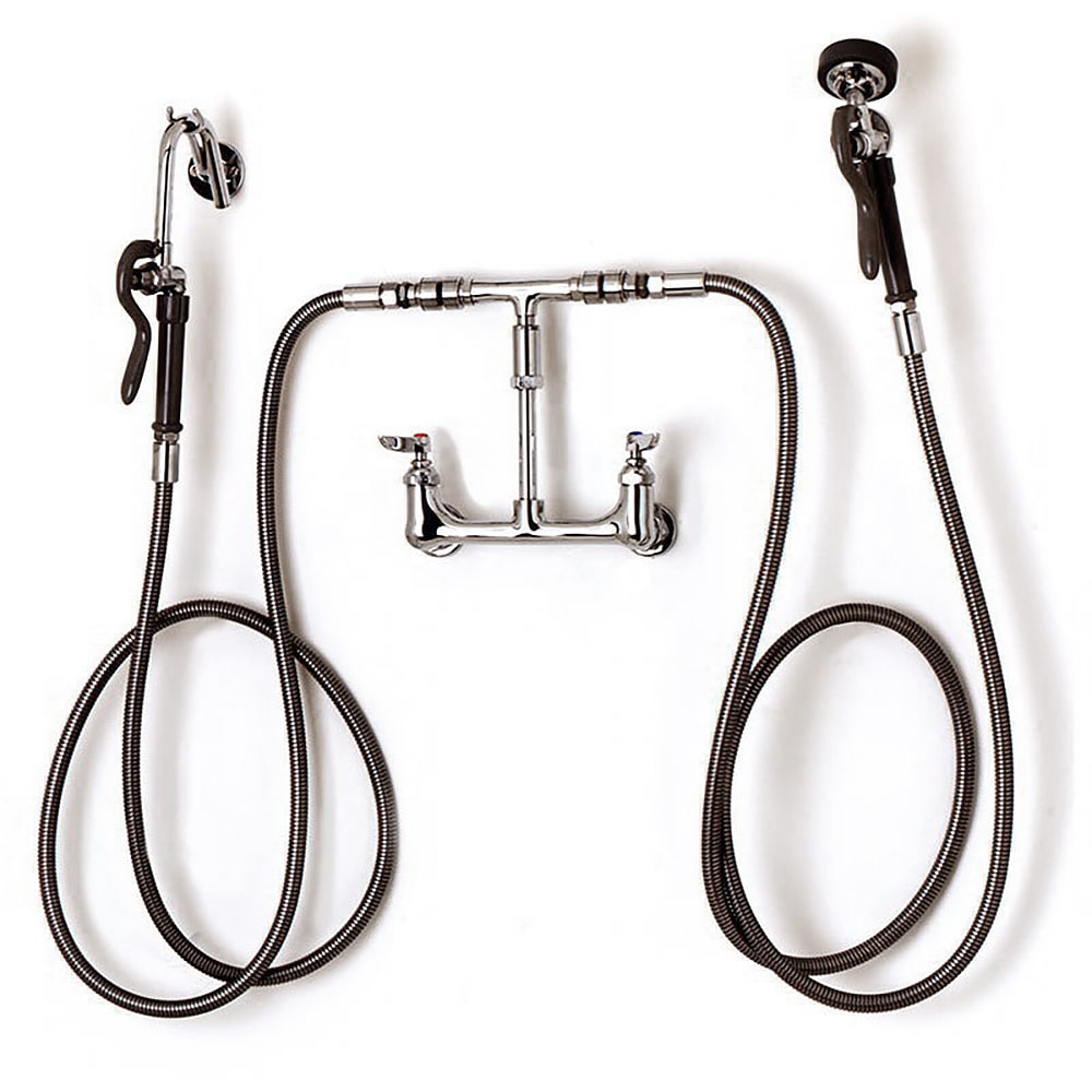T&S B-2331 Wall Mount Pot Filler Faucet w/ (2) 144" Hoses, Hook Nozzle, & Spray Valve