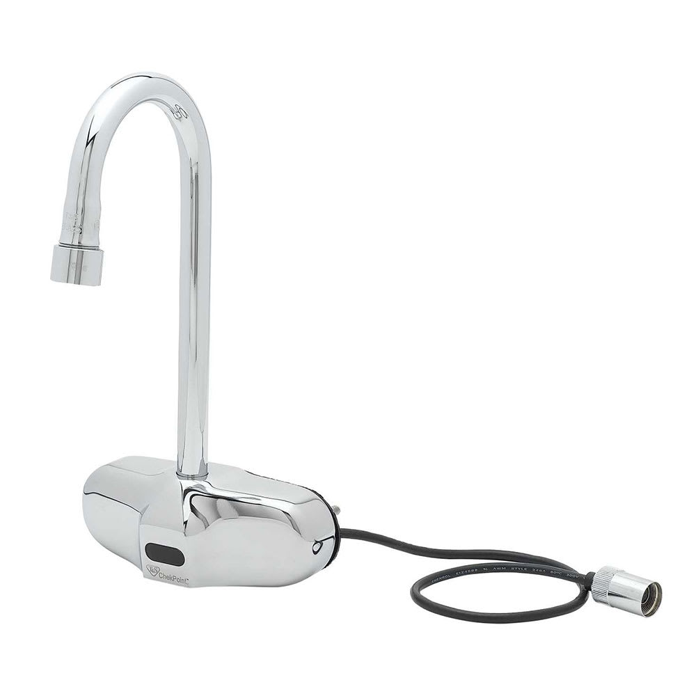T&S EC-3105 Wall Mount Electronic Faucet - 4" Centers, Gooseneck Spout, Chrome Plated Brass