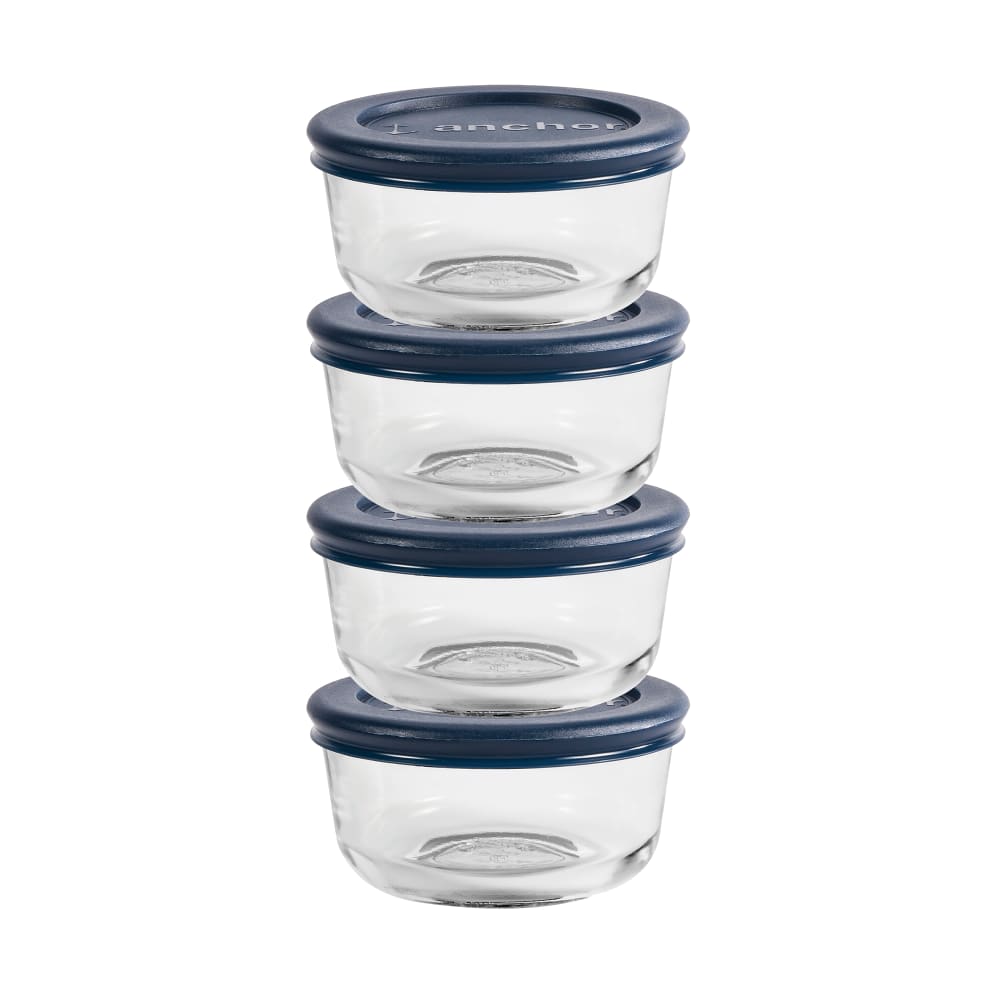 Anchor Hocking 8 Piece Round Kitchen Storage Containers w/ 1 Cup Capacity & Blue Plastic Lids (82628L20)