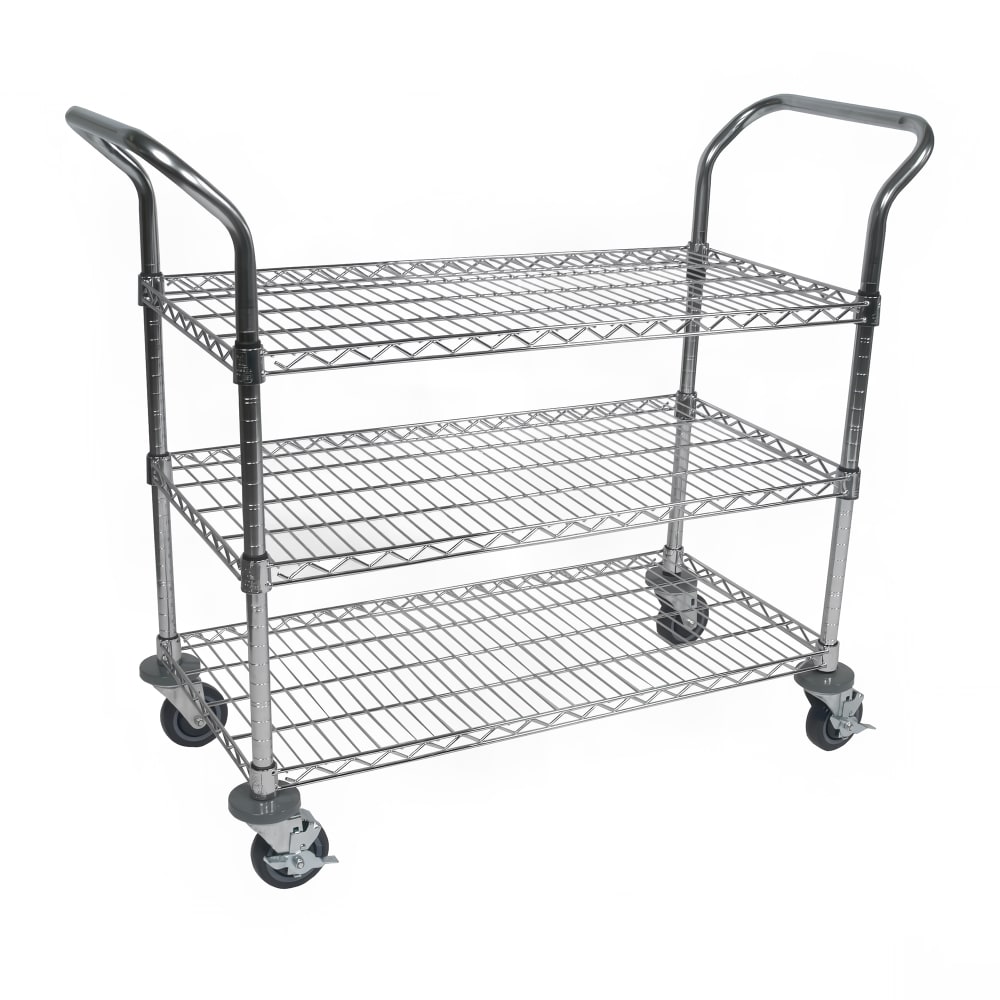 Splash 36"L Chrome Plated Bus Cart w/ (3) Levels, Shelves, Silver (BC-1836-3)