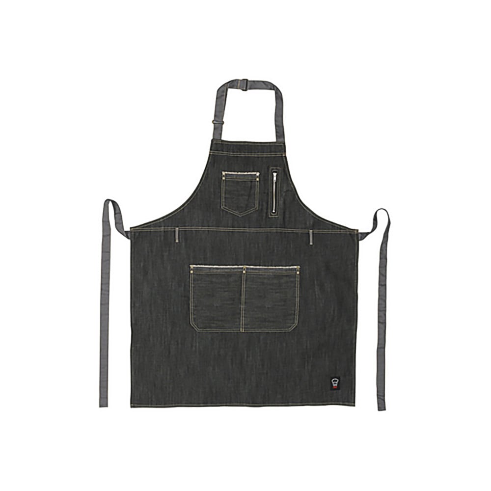 Winco BADN-3430 Full Length Bib Apron w/ (4) Pockets - 34 1/2" x 30 1/4", Poly/Cotton, Dark Wash Denim