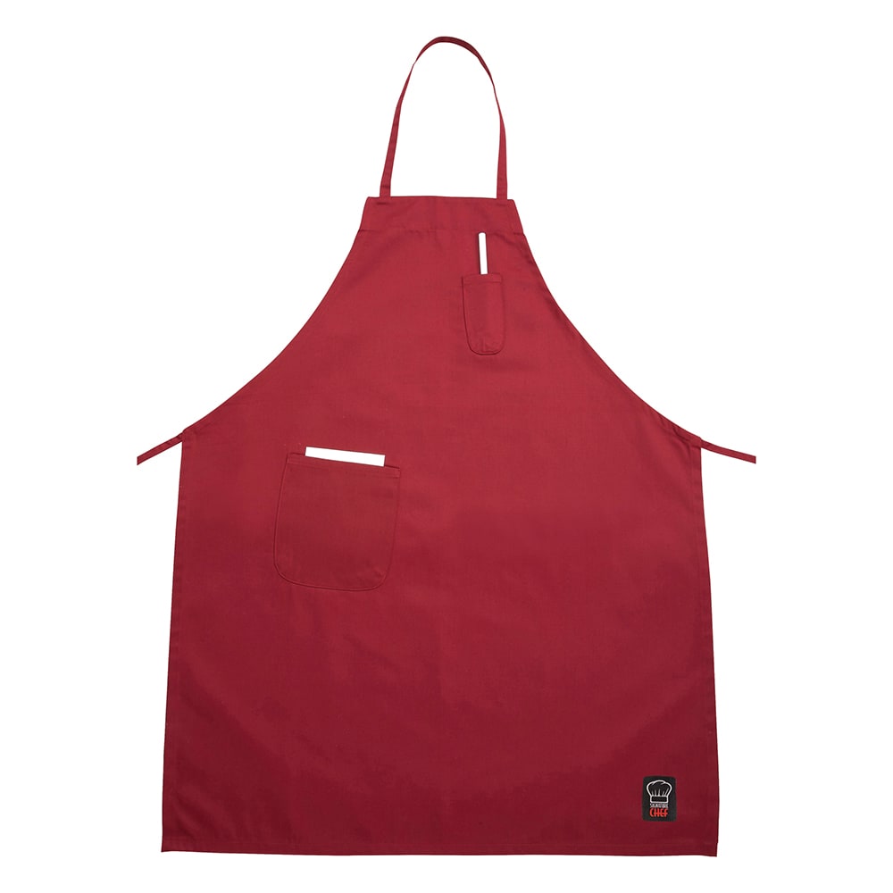 Winco BA-PRD Full Length Bib Apron w/ (2) Pockets - 33" x 26", Poly/Cotton, Red