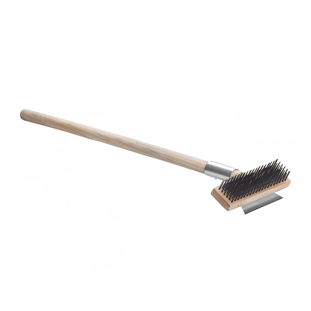 Winco BR-27 27" Pizza Oven Brush w/ Wire Bristles & Scraper, Wood Handle