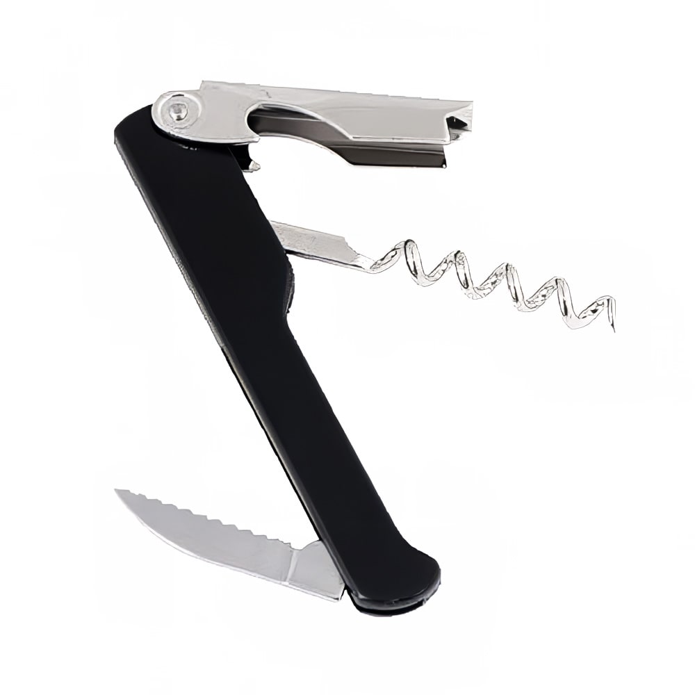 Winco CO-712 Waiter's Corkscrew w/ Foil Cutter & Bottle Cap Opener, Black