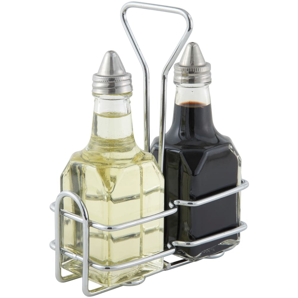 Winco G-104S 6 oz Cruet Set w/ Chrome Rack & Stainless Steel Pourers - Glass, Clear