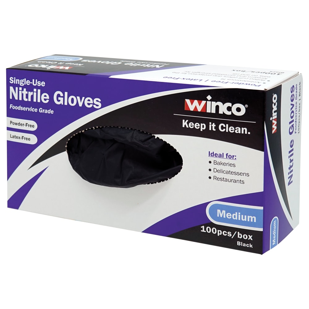Winco GLN-MB Disposable Nitrile Gloves - Powder Free, Black, Medium