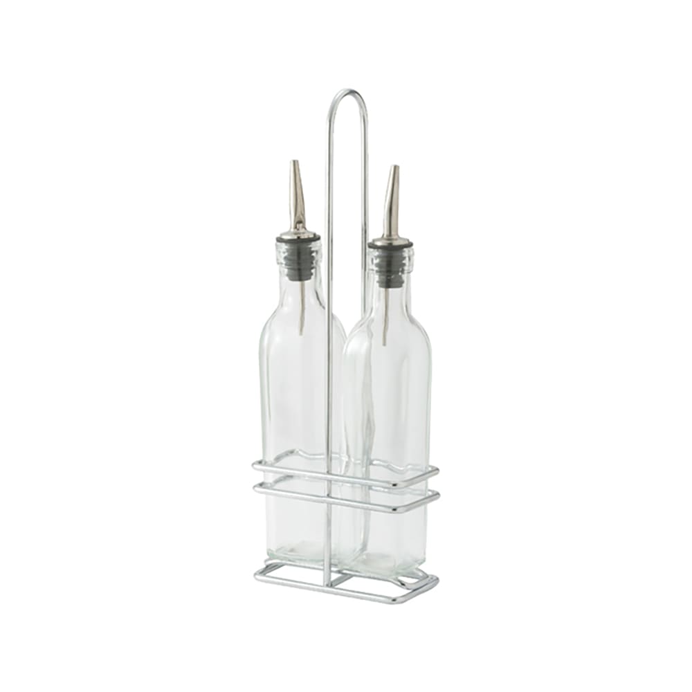 Winco GOB-8S 8 oz Cruet Set w/ Chrome Rack & Metal Pourers - Glass, Clear