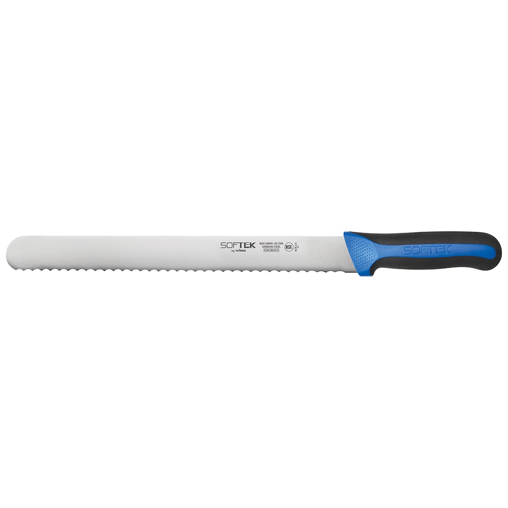 Winco KSTK-121 12" Wavy Slicer Knife w/ High Carbon Steel Blade & Black/Blue TPR Handle