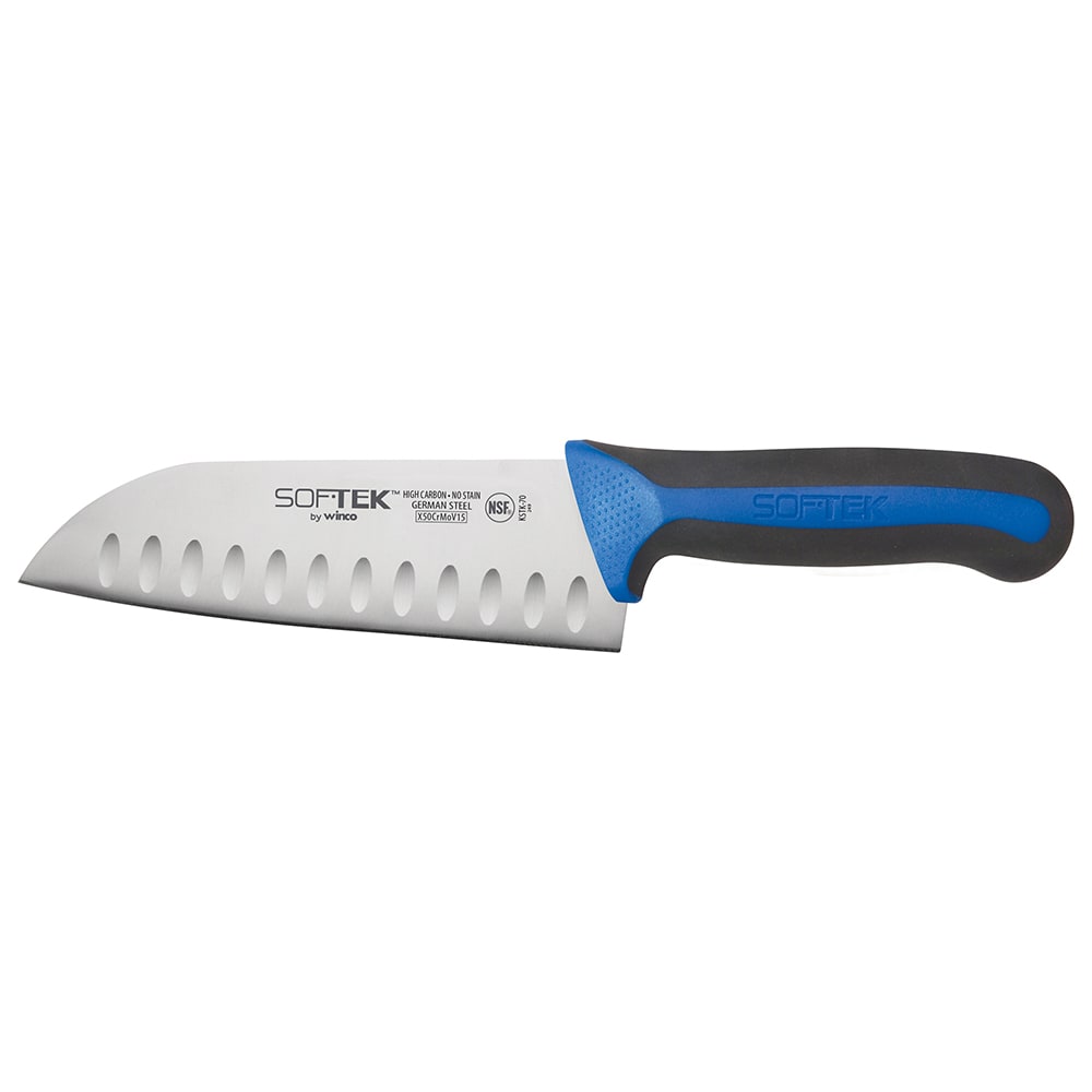 Winco KSTK-70 7" Santoku Knife w/ High Carbon Steel Blade & Black TPR Handle
