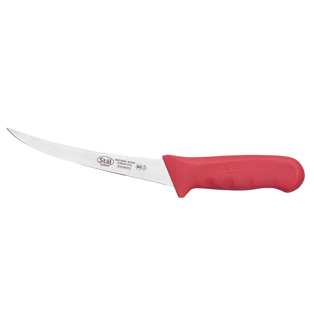 Winco KWP-60R 6" Curved Boning Knife w/ Flexible High Carbon Steel Blade & Red Poly Handle