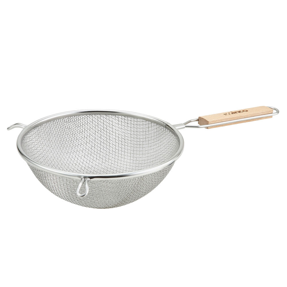 Winco MS3A-8D 8" Round Strainer w/ Double Fine Mesh & Flat Wooden Handle