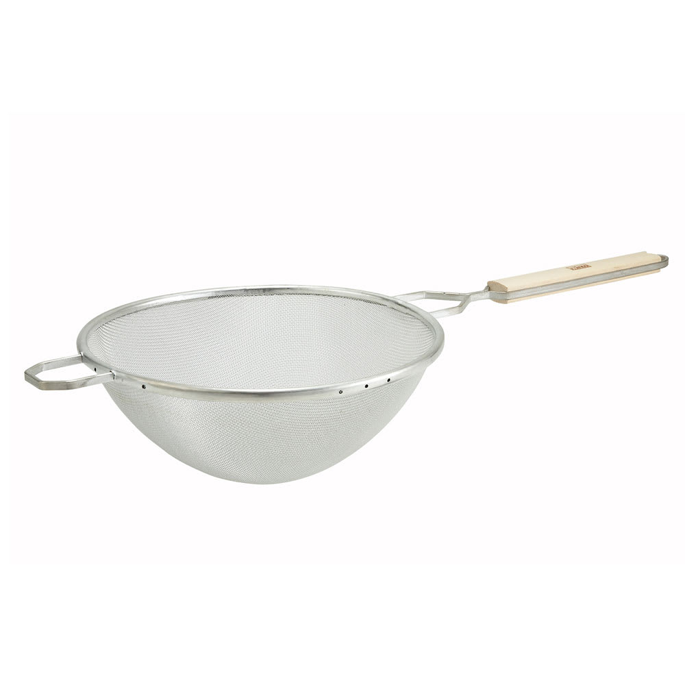 Winco MSTF-10S 10 1/4" Round Strainer w/ Single Tinned Mesh, Medium, Fine, Wood Handle