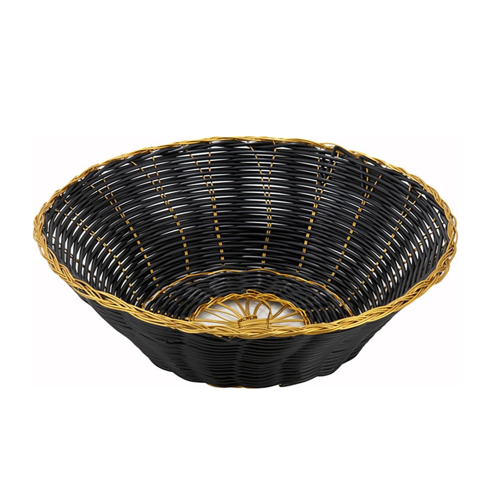 Winco PWBK-8R Round Woven Basket, 8 1/2" x 2 1/4", Black Vinyl w/ Gold Trim