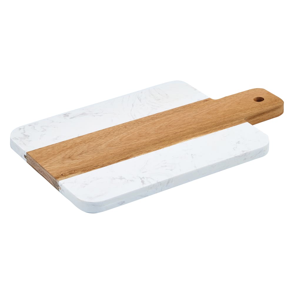 Winco SBMW-117 Rectangular Serving Board - 11 1/8" x 7 1/4", Acacia Wood/White Marble