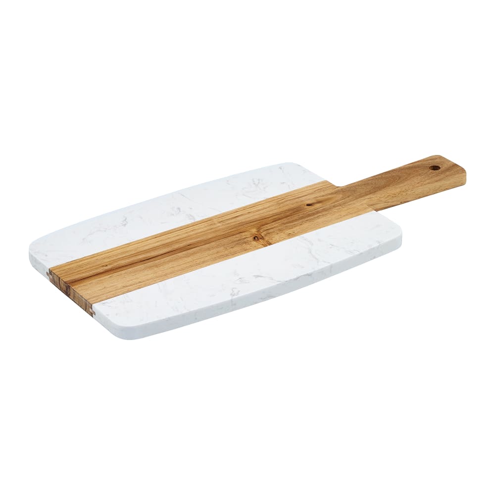 Winco SBMW-157 Rectangular Serving Board - 14 3/4" x 7 1/4", Acacia Wood/White Marble
