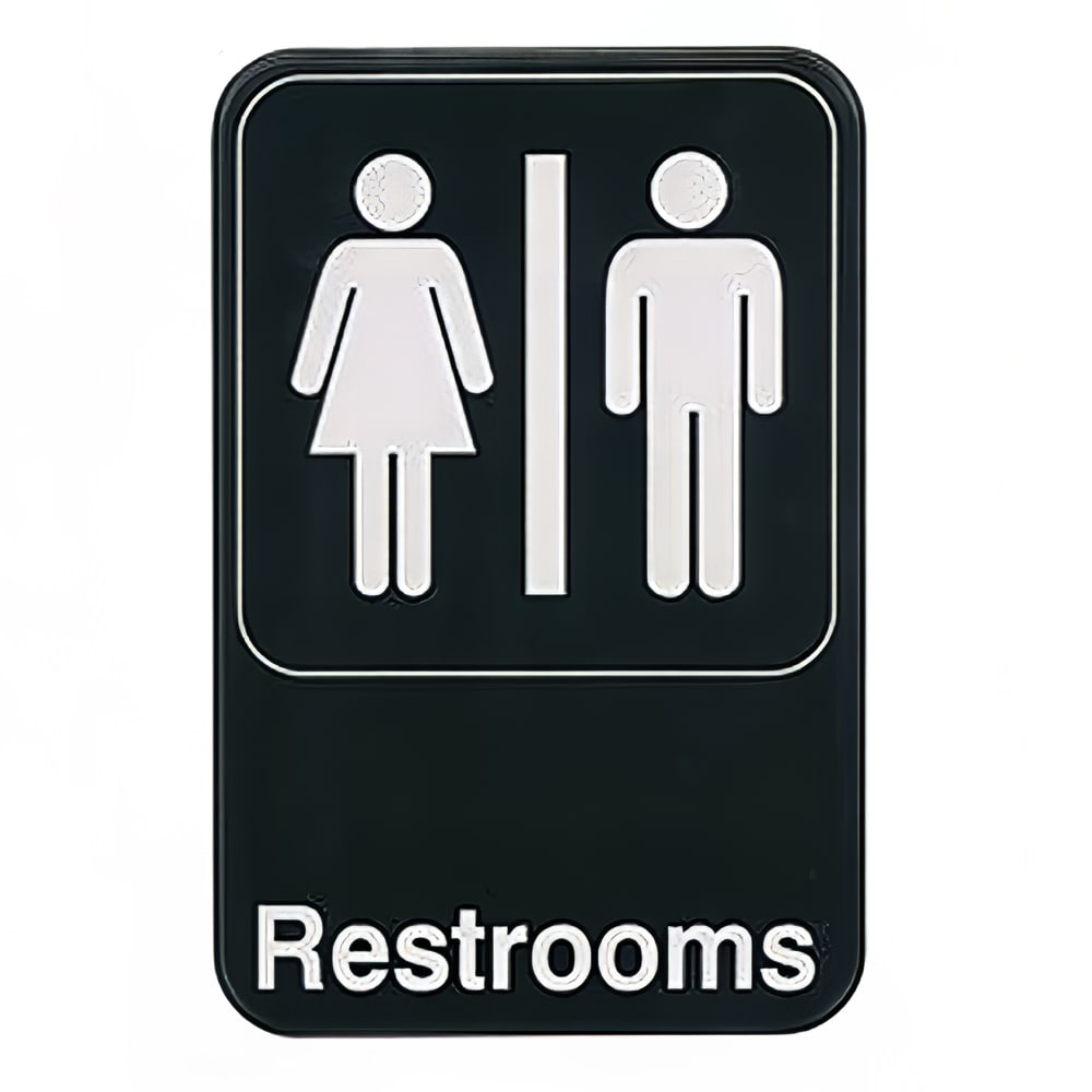 Winco SGN-603 RESTROOMS Sign w/ Symbol, 6" x 9", Black