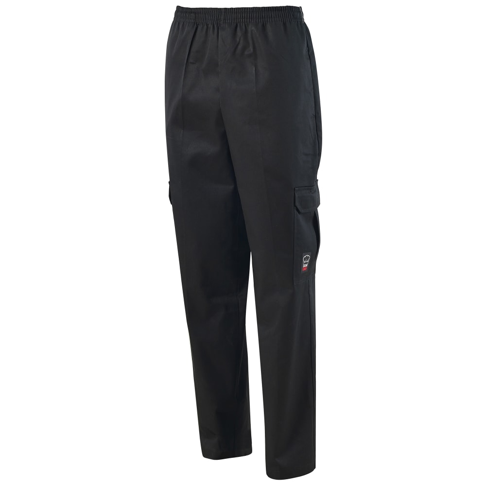 Winco UNF-11KXS Cargo Chef's Pants w/ Elastic Waist & Drawstring - Poly/Cotton, Black, X-Small