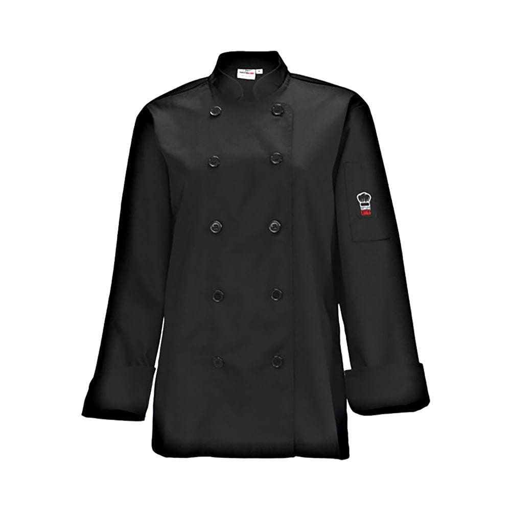 Winco UNF-7KL Beacon Women's Chef's Jacket w/ Long Sleeves - Poly/Cotton, Black, Large