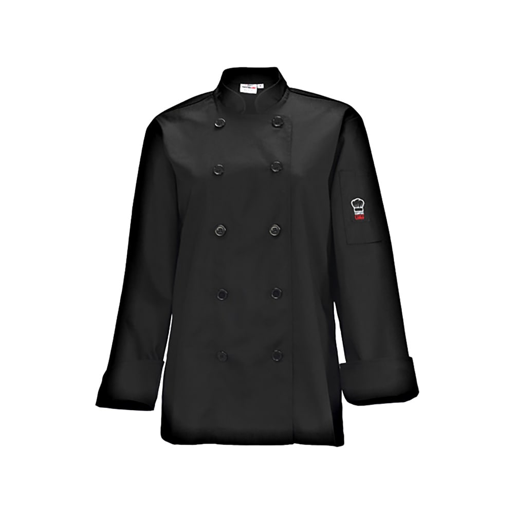 Winco UNF-7KM Beacon Women's Chef's Jacket w/ Long Sleeves - Poly/Cotton, Black, Medium