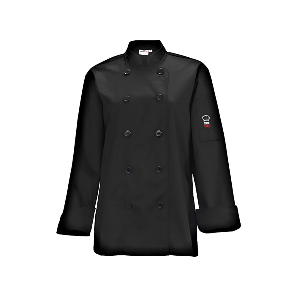Winco UNF-7KS Beacon Women's Chef's Jacket w/ Long Sleeves - Poly/Cotton, Black, Small
