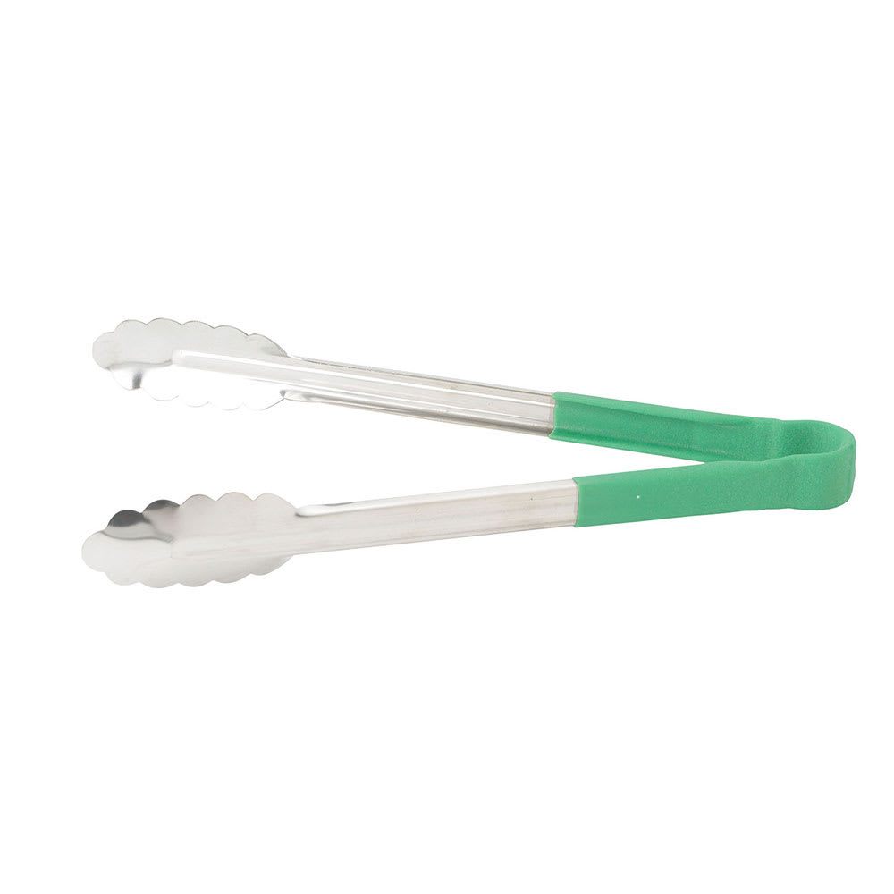 Winco UTPH-9G 9"L Stainless Utility Tongs, Green