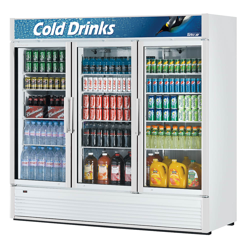Turbo Air TGM-72SD-N 78" Super Deluxe Three Section Glass Door Merchandiser - (3) Left/Right Hinge Doors, White, 115v