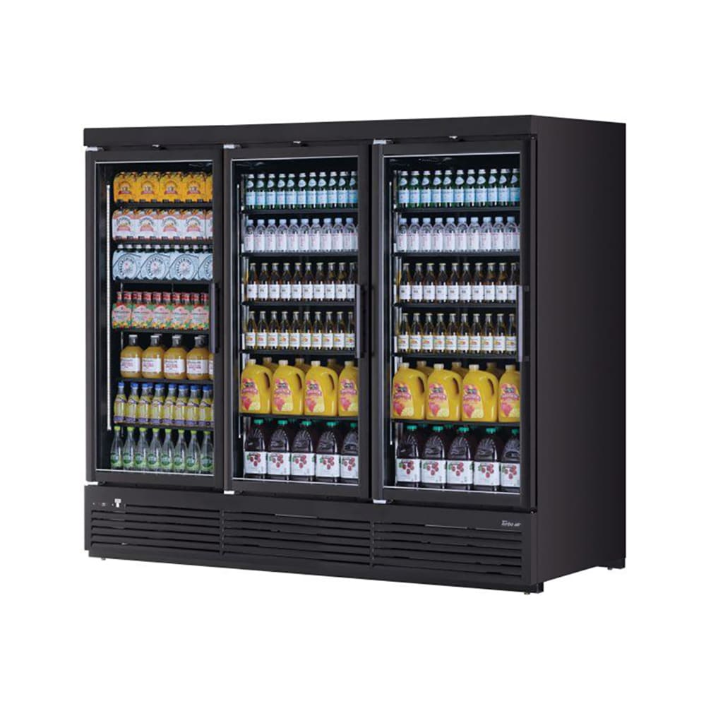 Turbo Air TJMR-85SDB-N 97 1/2" Super Deluxe Three Section Glass Door Merchandiser - (3) Left Hinge Doors, Black, 115v