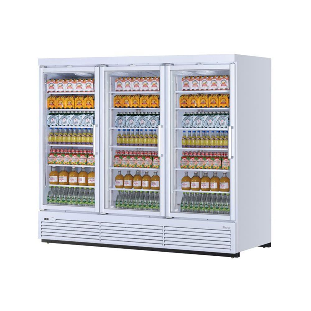 Turbo Air TJMR-85SDW-N 97 1/2" Super Deluxe Three Section Glass Door Merchandiser - (3) Left Hinge Doors, White, 115v