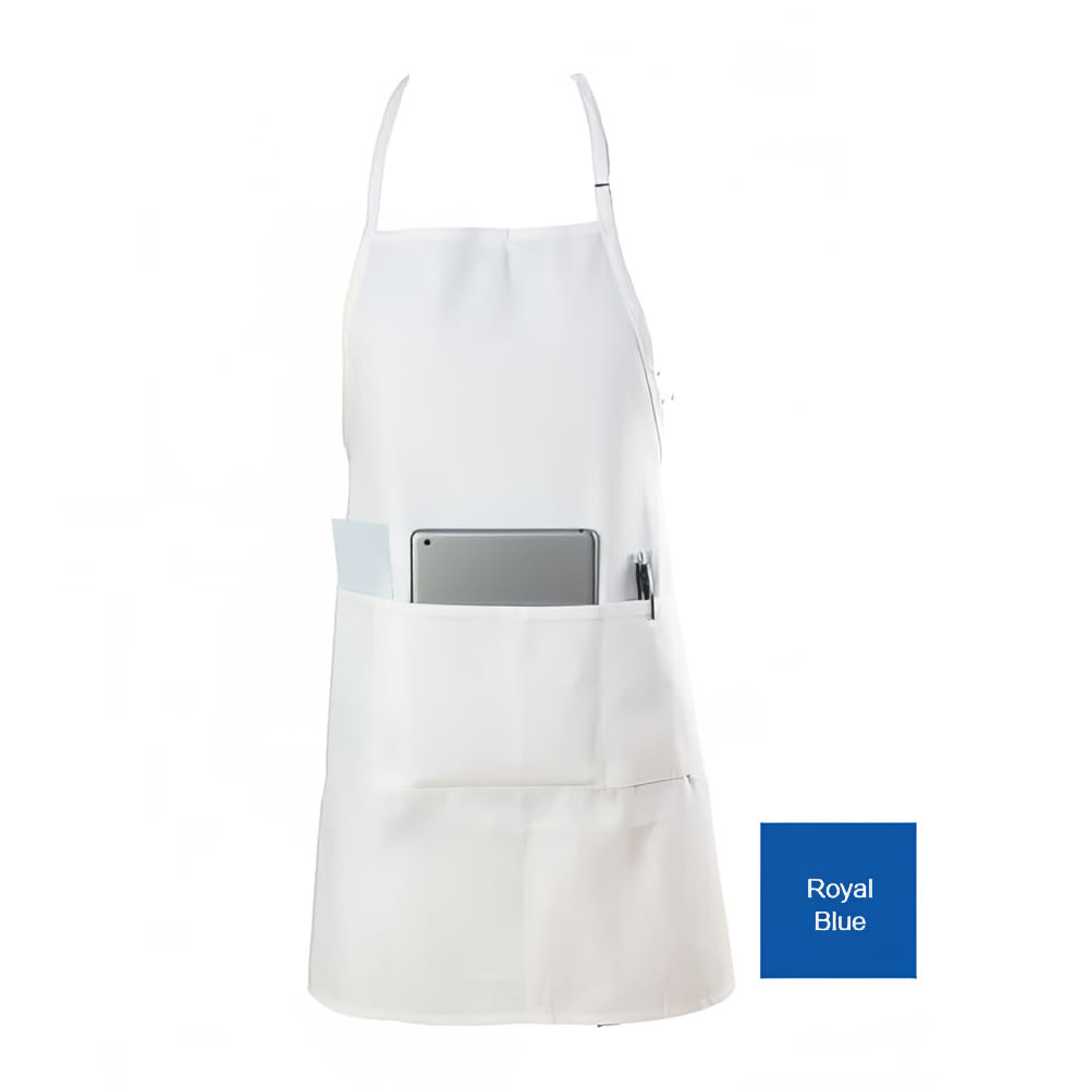 Chef Revival Bib Apron, 3 Compartment Pocket, Poly/Cotton, 28 x 30", Royal Blue (601BAO-3-RB)
