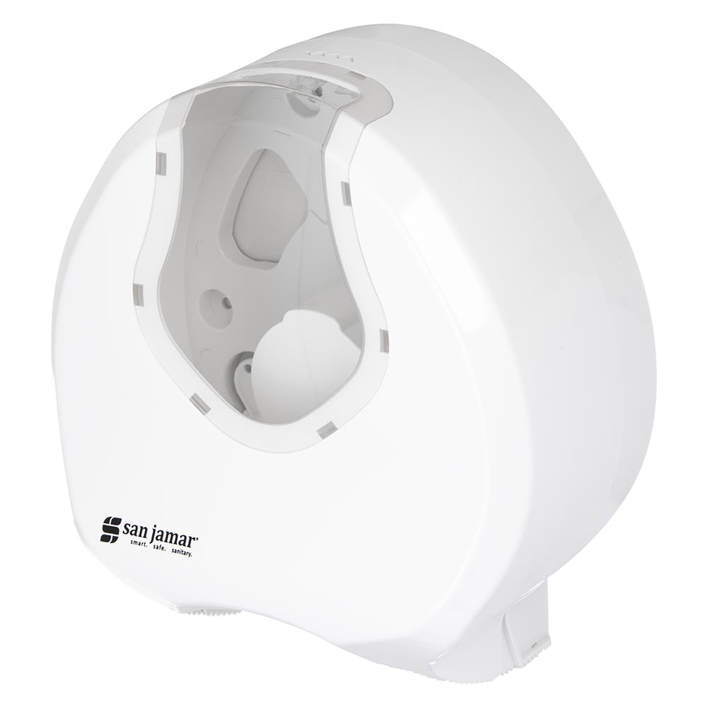 San Jamar R2070WHCL Wall Mount Toilet Paper Dispenser for (1) 9" Jumbo Roll - Plastic, White/Clear