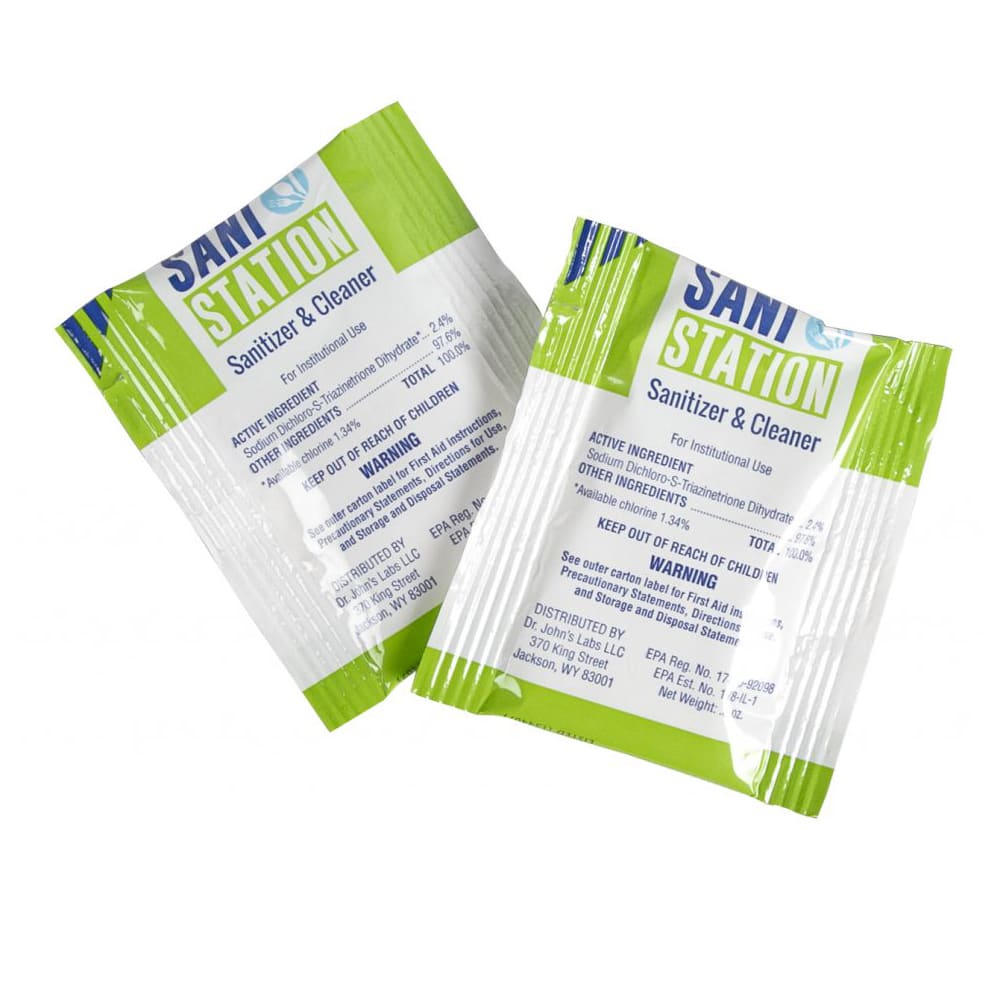 San Jamar SANIS05WS-100 1/2 oz Sani Station Sanitizer & Cleaner Packets w/ Chlorine Test Strips & (2) Labels