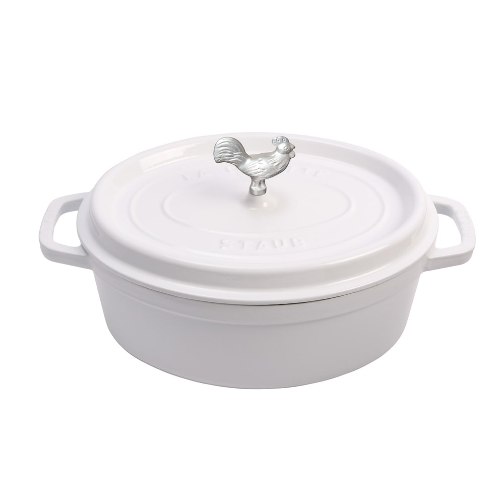 Staub 5 3/4 qt Enameled Cast Iron Coq au Vin Cocotte w/ Lid, White (1024461)