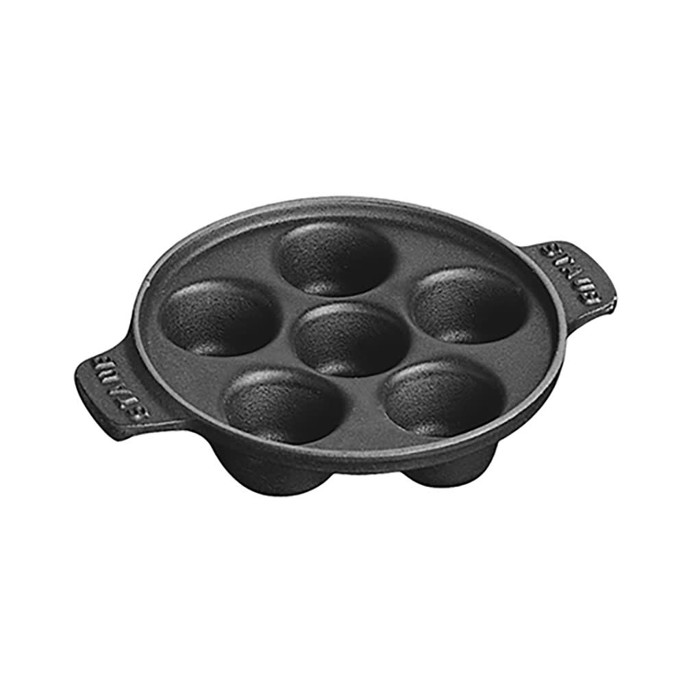 Staub 5 3/4" Round Escargot Plate - 6 Holes, Enameled Cast Iron, Black (1004104)