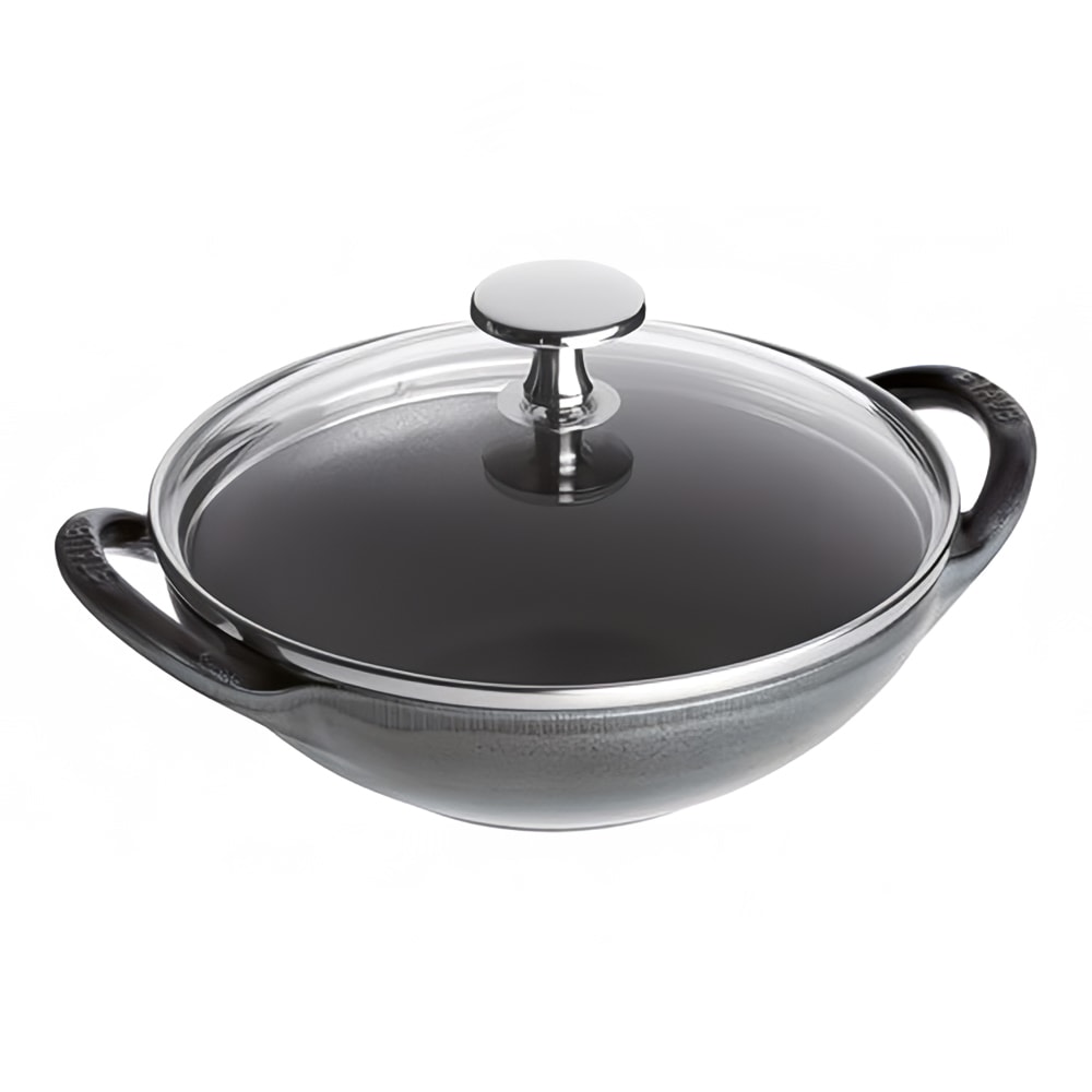 Staub 6 1/2" Enameled Mini Cast Iron Wok w/ Lid, Graphite Grey (1004677)