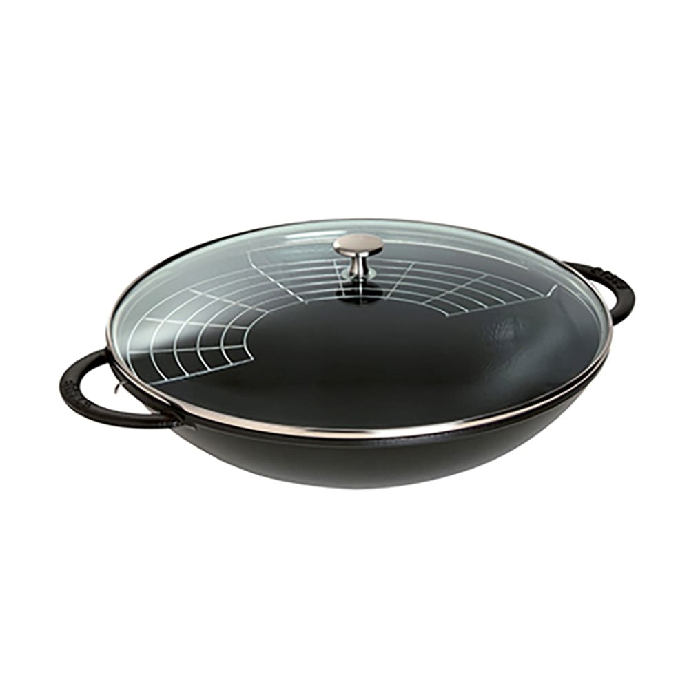 Staub Wok w/ 6-qt Capacity, Glass Lid, Spatula, Chop Sticks, Enameled Cast Iron, Black (1004022)