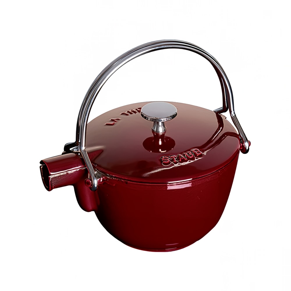 Staub Round Teapot w/ 1-qt Capacity & Enamel Coated Cast Iron, Grenadine (1004034)